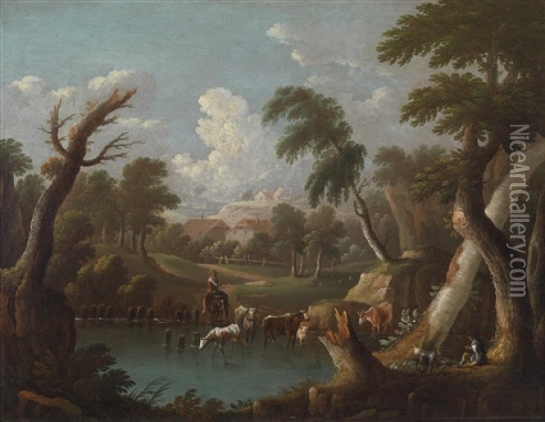 Bergige Landschaft Mit Saufendem Vieh An Einem Tumpel Oil Painting - Johann Georg Von Bemmel