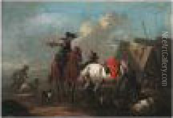 Horsemen Beside An Encampment Oil Painting - August Querfurt