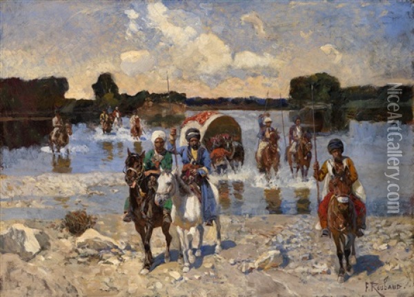 Circassian Horsemen Fording A River Oil Painting - Franz Roubaud