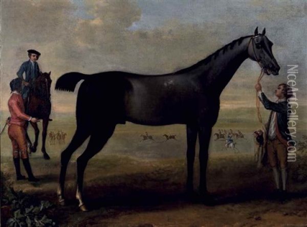 Childers Tenu Par Son Lad Dans Un Paysage, Un Cheval, Son Cavalier Et Un Jockey A Leurs Cotes Oil Painting - John Wootton