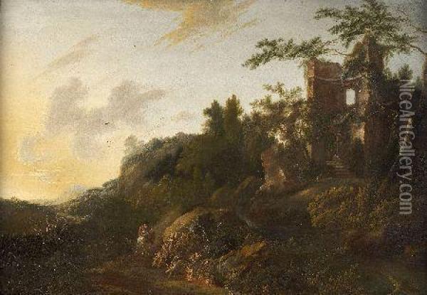 Horseman On A Wooded Mountain Road Leading To Ruins Oil Painting - Jan Gabrielsz. Sonje