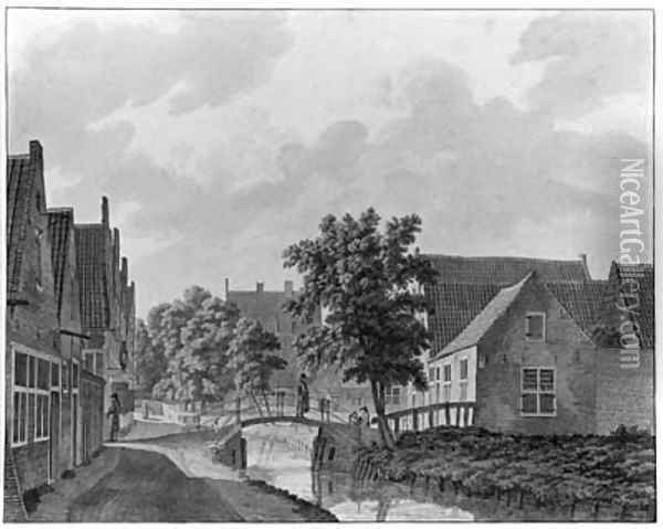 A View of the Voldersgracht in Haarlem, with a man crossing a bridge Oil Painting - Frans Andreas Milatz