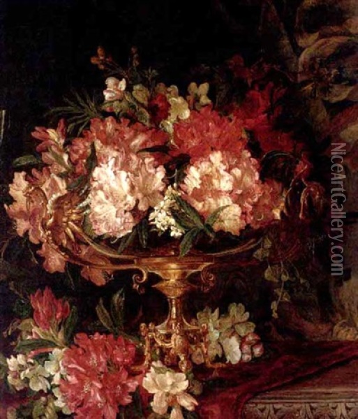 Rhododendrons And Apple Blossom In An Ornamental Table Centre On A Draped Sideboard Oil Painting - Theude Groenland