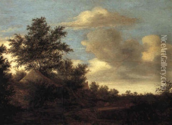 Landscape With Buildings And Cattle By A River Oil Painting - Salomon van Ruysdael