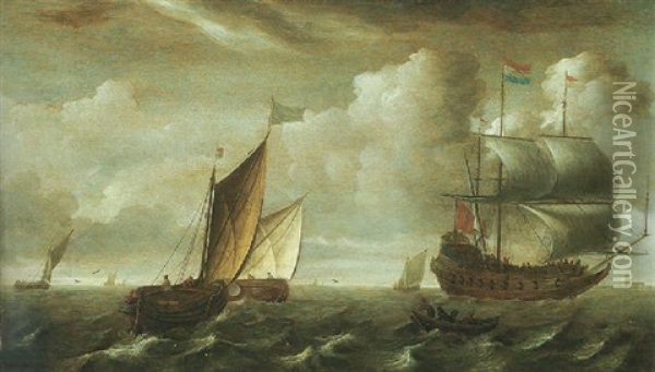 A Man Of War And Dutch Shipping Vessels On The Zuider Zee Oil Painting - Jacob Gerritz Loef