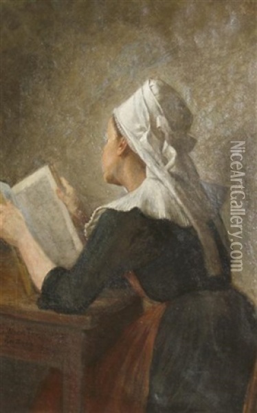 Breton Woman Reading Oil Painting - Enoch Wood Perry