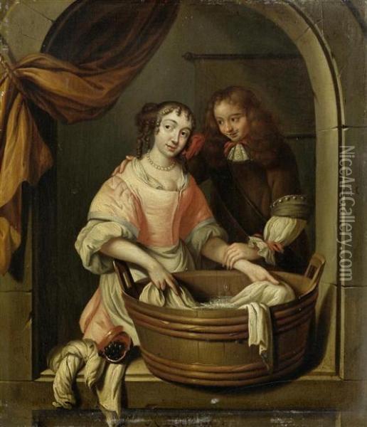 Dienstmagd Beim Waschewaschen Mit Kavalier In Einer Fensternische. Oil Painting - Regnier de La Haye