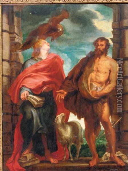 Saint John The Evangelist And 
Saint John The Baptist In A Niche, An Extensive Landscape Beyond Oil Painting - Sir Anthony Van Dyck