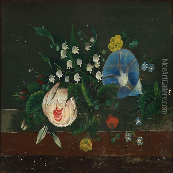 A Bouquet Of Spring Flowers On A Stone Sill Oil Painting - I.L. Jensen