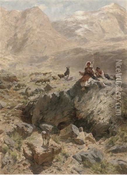 Shepherds In The Alps Oil Painting - Rudolf Otto Von Ottenfeld