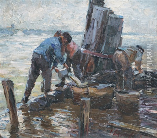 Fisherman On The Pier Oil Painting - Piet Leysing
