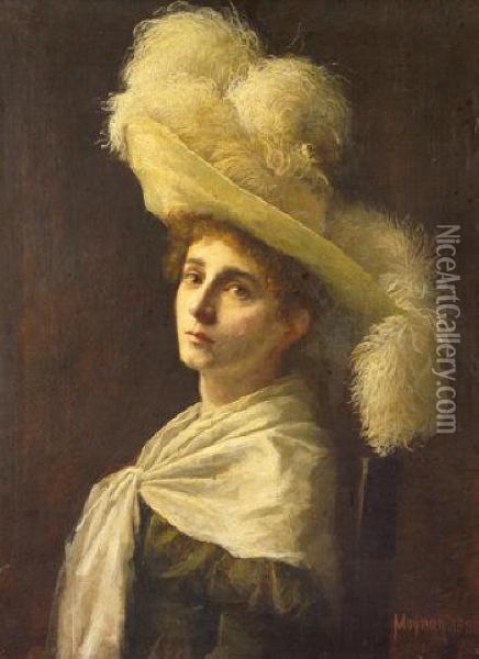 Woman Wearing A Plumed Hat Oil Painting - Richard Thomas Moynan