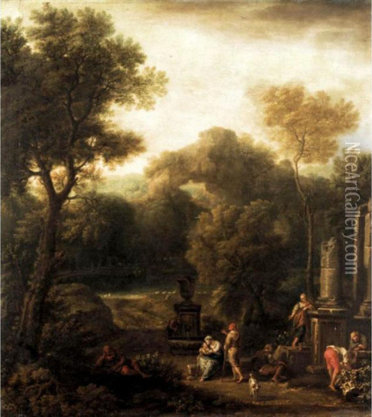 Italianate Landscape With Figures Beside Ruins Oil Painting - Jan Frans Van Bloemen (Orizzonte)