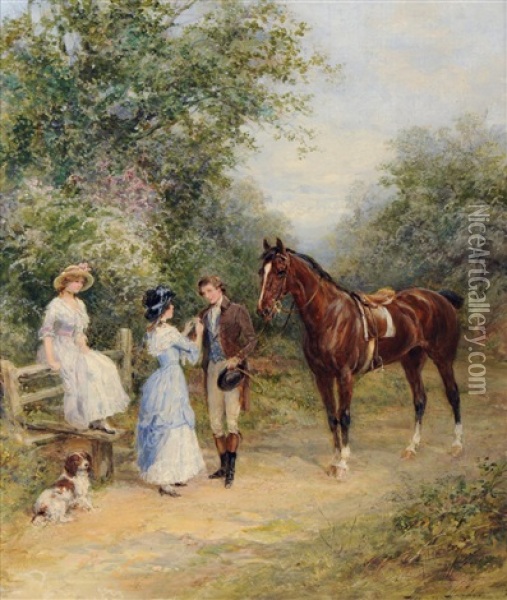 A Dismounted Gentleman With Ladies At A Country Stile; A Gentleman And His Horse At A Cottage Door (2 Works) Oil Painting - Heywood Hardy