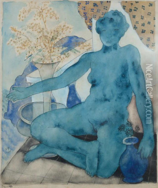 Blue Nude With Mimosa Oil Painting - Vivian Forbes