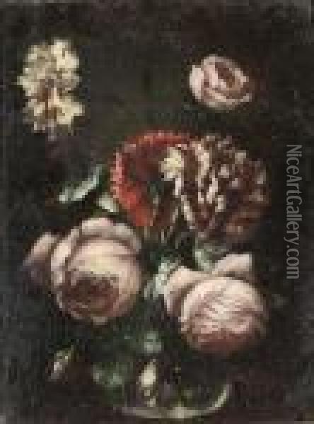Roses, Carnations And Morning Glory In A Glass Vase Oil Painting - Frans Werner Von Tamm