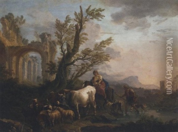 An Italianate River Landscape With A Peasant Family Travelling With Their Goats And Cattle Oil Painting - Andrea Locatelli