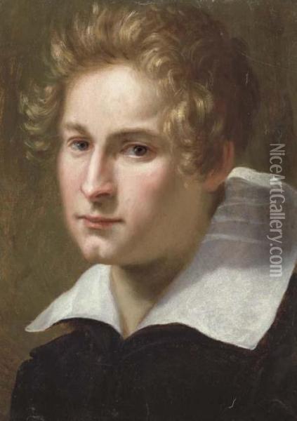 Portrait Of A Young Man, Bust-length, In A Black Coat And White Collar Oil Painting - Jacopo Vignali