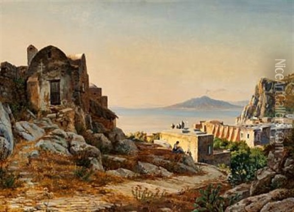 View From Capri With Mount Vesuvius In The Background Oil Painting - Thorald Laessoe