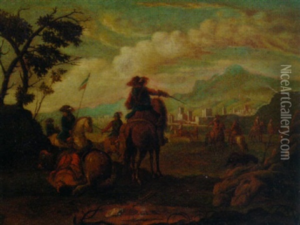 Cavalrymen Before A Town In A Landscape Oil Painting - Francesco Simonini