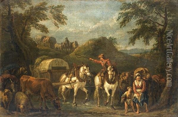 Travellers On Horseback With Cattle And Sheep On A Country Path Oil Painting - Pieter van Bloemen