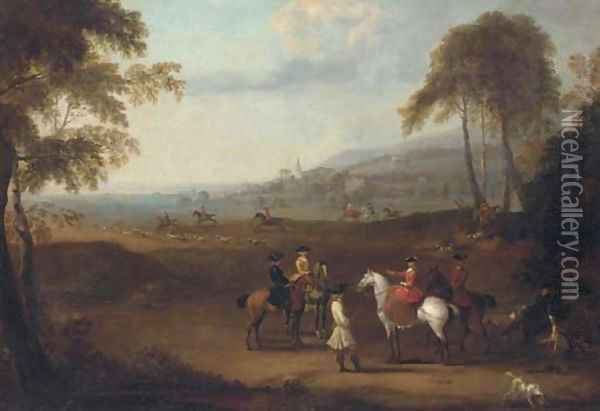 An Elegant Hunting Party in an Extensive Landscape Oil Painting - James Ross
