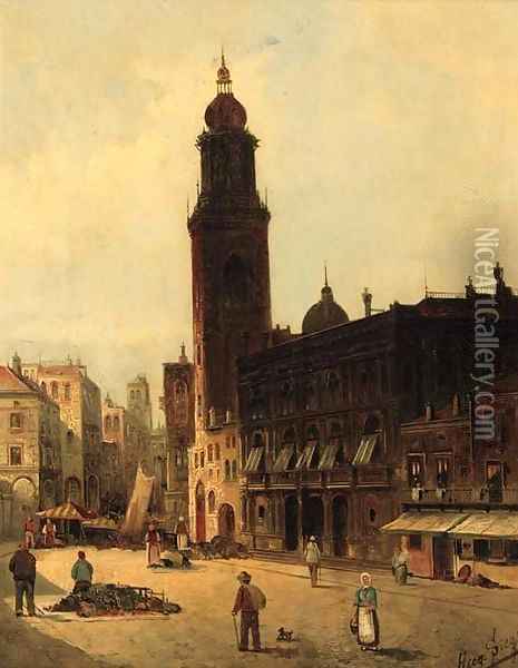 A market place in Verona Oil Painting - August von Siegen