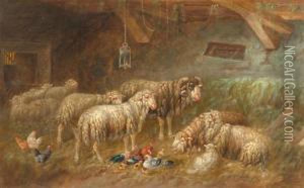 Sheep In Stall Oil Painting - J. Oppelts