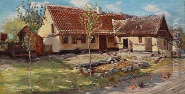 Chicken In Front Of A Farmhouse (in Rorvig?) Oil Painting - Theodor Philipsen