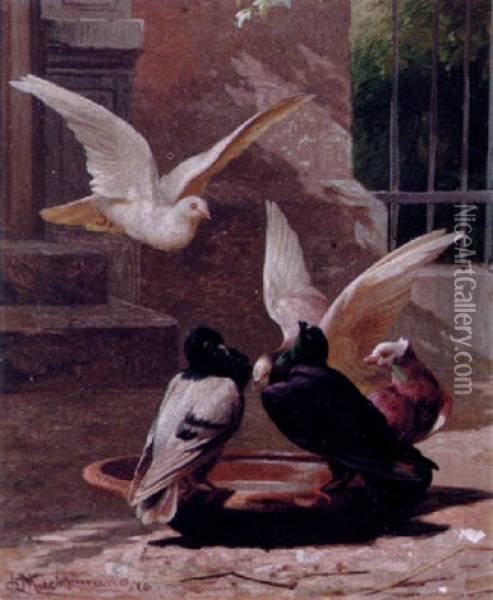 Duer Ved Et Fuglebad Oil Painting - Adolf Heinrich Mackeprang