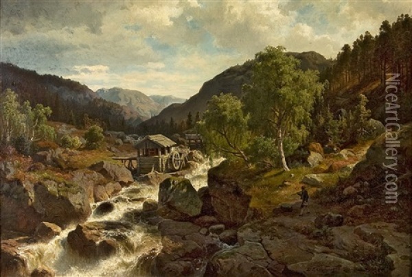 Romantiserat Landskap Fran Dalarna Med Fors, Sagverk Och Fiskare Oil Painting - Edward (Johan-Edvard) Bergh