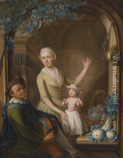 Eine Junge Frau Mit Kind In Einem Kucheninterieur Mit Einem Drehorgelspieler Im Vordergrund Oil Painting - Nicolaes Reyers