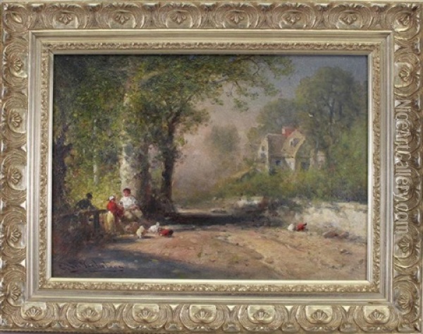 A Group Of Figures Near A Wooded Path Oil Painting - George Washington Nicholson