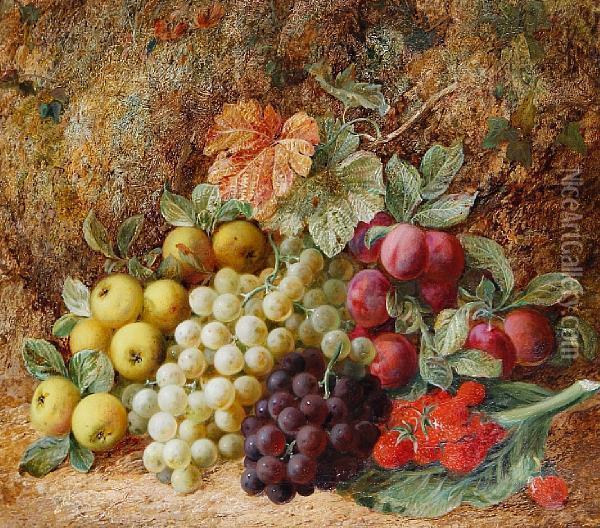 Grapes, Apples, Plums And Strawberries On Amossy Bank Oil Painting - George Clare
