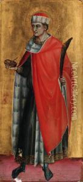 Saint Sylvester; And Saint Cosmas Or Saint Damian Oil Painting - Bicci Di Lorenzo