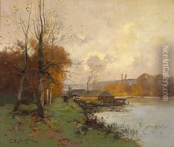 A River Scene With Bateaux Lavoirs And Figures On The Bank Oil Painting - Eugene Galien-Laloue