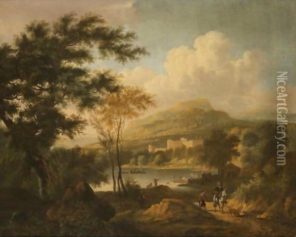 An Italianate Landscape With A Rider And A Beggar On A Path, Fishermen On A Lake Beyond Oil Painting - Frederick De Moucheron