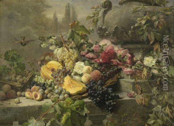 Blumen- Und Fruchtestilleben Vor Einer Parklandschaft Oil Painting - Clara von Sievers