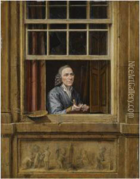 A Self-portrait Of The Artist, Half Length, At A Window, With Apalette And Paint-brushes On The Windowsill Oil Painting - Gerrit Zegelaar