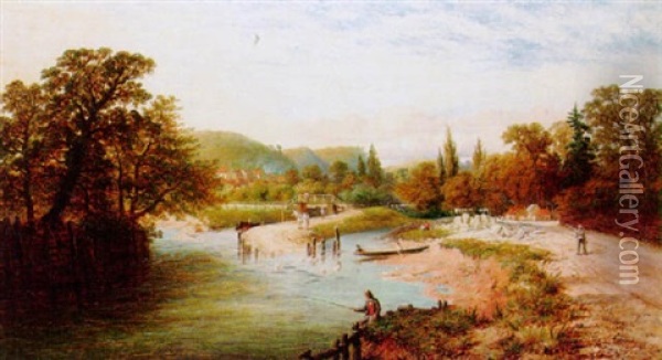 On The River Wey, Guildford Oil Painting - George William Mote