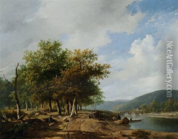 Daily Activities Along A River In A Hilly Landscape Oil Painting - Hendrik van de Sande Bakhuyzen