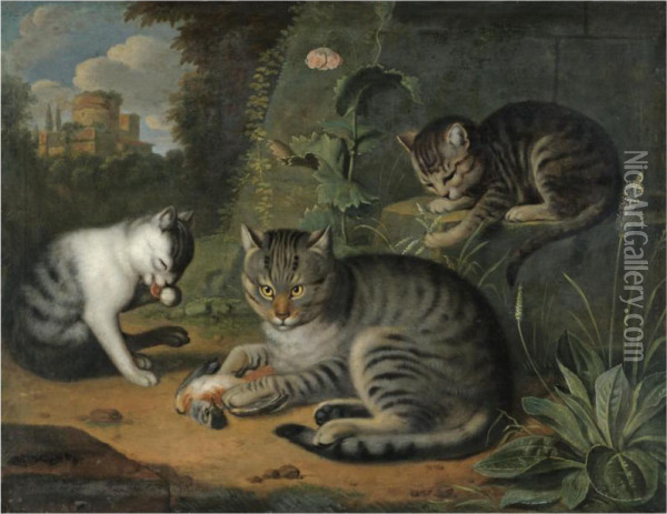 A Still Life With A Cat And Two Kittens In A Landscape Oil Painting - Jacob Samuel Beck