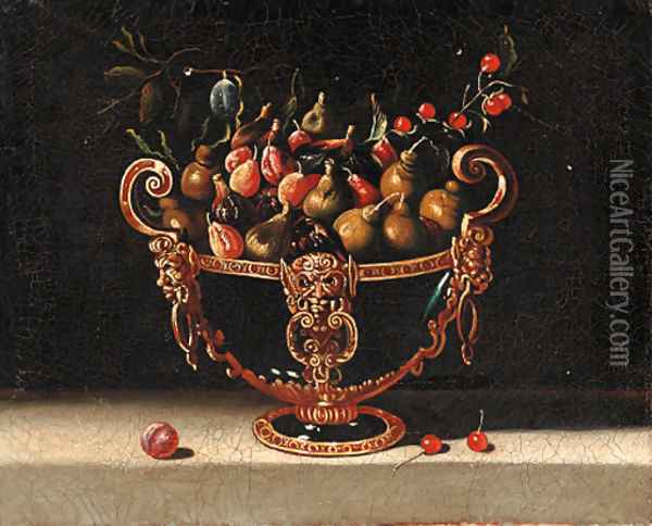 Figs, cherries and pears in an ornamental bowl Oil Painting - Spanish School