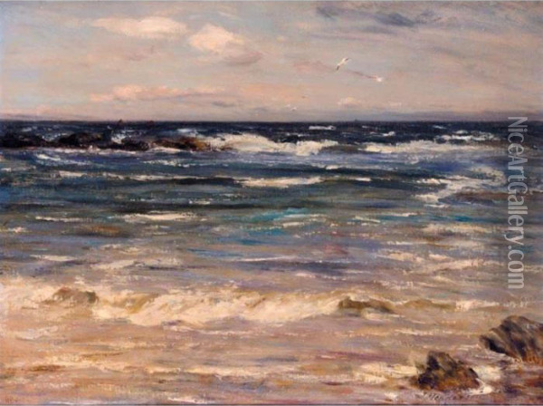 Breaking Waves; A Storm Off Shore Oil Painting - John Henderson