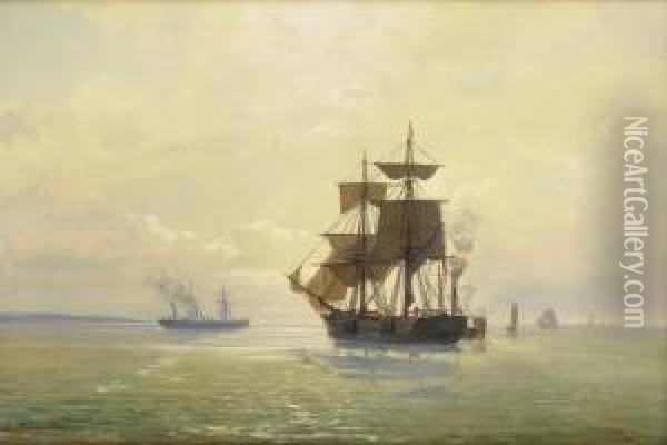 Seilskuter Og Dampbater 1877 Oil Painting - Johan Jacob Bennetter
