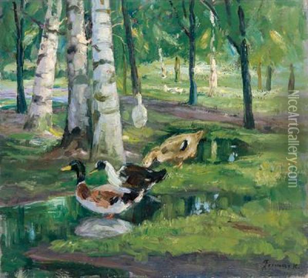 Umkreis/circle Enten Am Weiher Imbirkenwald Oil Painting - Karoly Ferenczy