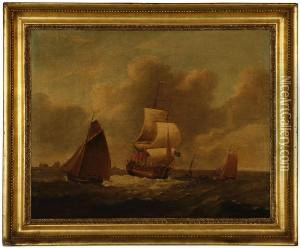 A British Man O' War Being Towed To Anchor Off Port Oil Painting - Francis Swaine
