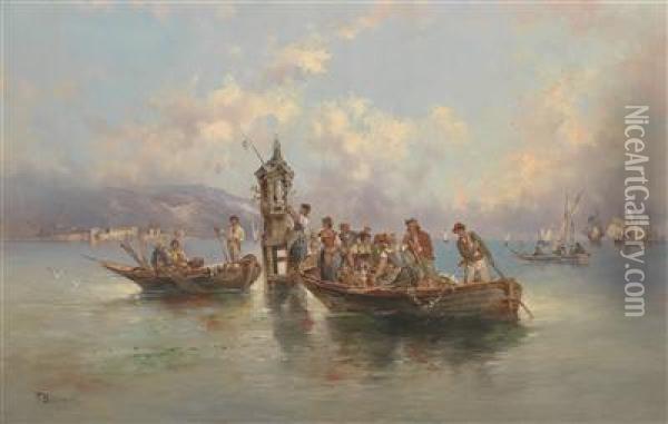 Group Celebrating In Fishing Boats Oil Painting - F. Boscari