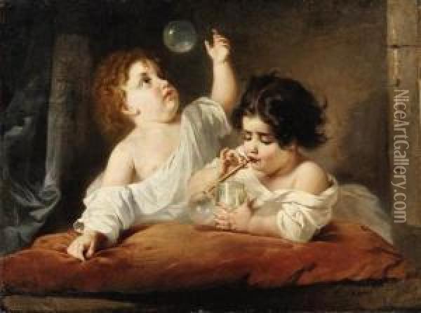 Children Blowing Bubbles Oil Painting - Anton Romako