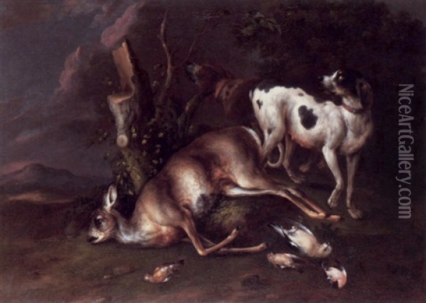 Two Hounds Standing Guard Over A Dead Deer With Song Birds In The Foreground Oil Painting - Wenzel Ignaz Prasch